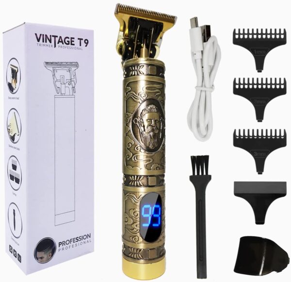 Hair Clippers for Men Professional Zero-Gap Hair Trimmers for Barber T Outline Edgers for Hair Beard Cutting T-Blade Cordless Rechargeable LED Display Vintage T9 Trimmer (Gold)