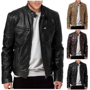 2023 Fashion Mens Leather Jacket Slim Fit Stand Collar PU Jacket Male Anti-wind Motorcycle Lapel Diagonal Zipper Jackets Men