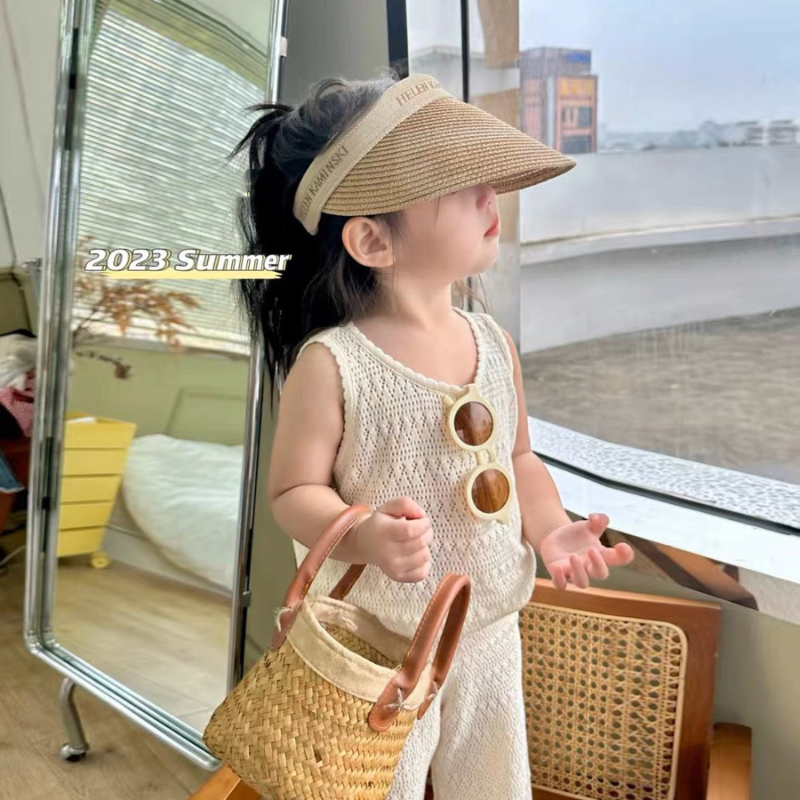 Girls Summer Clothing Set 2023 Kids Knitted Hollow Lace Suit Girl Fashion Breathable Vest Wide Leg Pants Outfits Children Sets