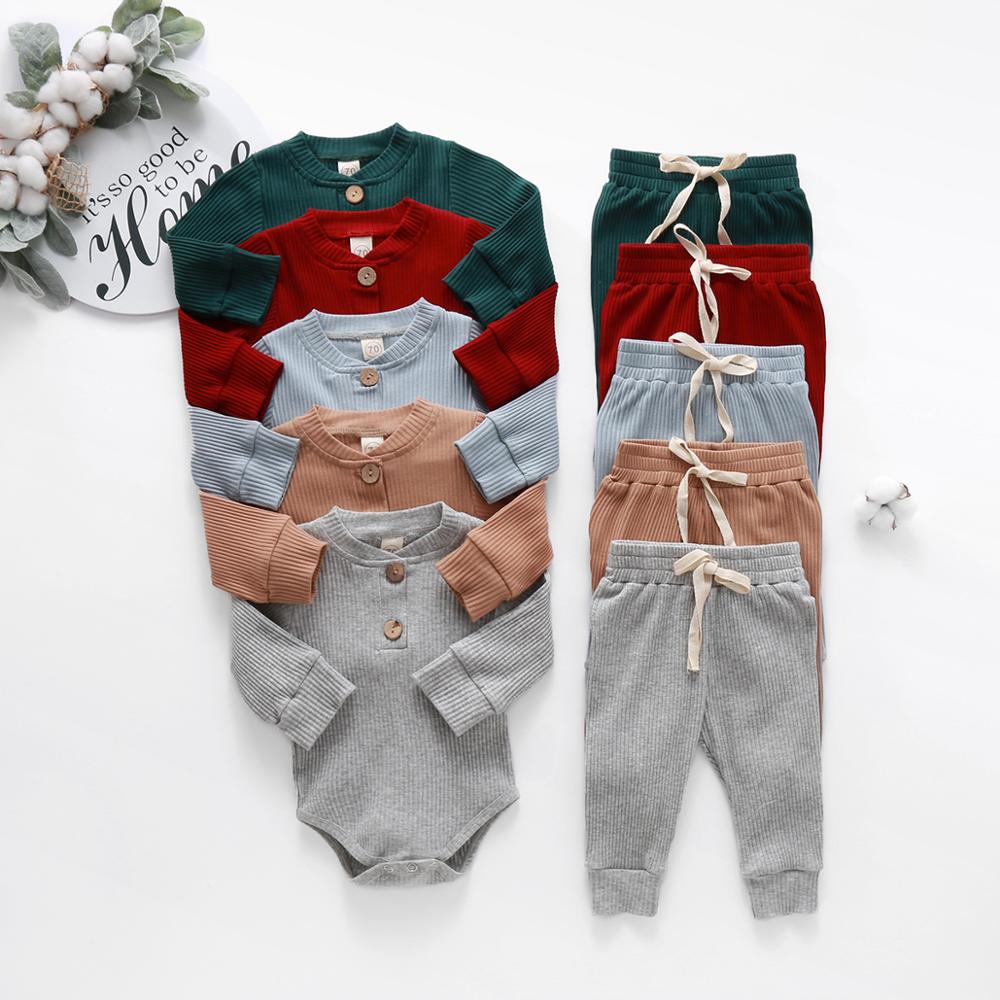 Infant Newborn Baby Girl Boy Spring Autumn Ribbed Plaid Solid Clothes Sets Long Sleeve Bodysuits Elastic