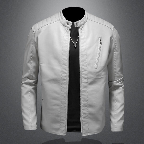 Casual Men's Motorcycle Leather Jacket Solid Stand Collar White Jackets Trend Windproof Streetwear Coat Faux Leather Outwear