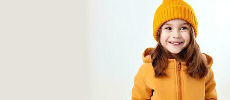 cute girl in yellow hoodie and red hat smiles against white backdrop space for your ad free photo