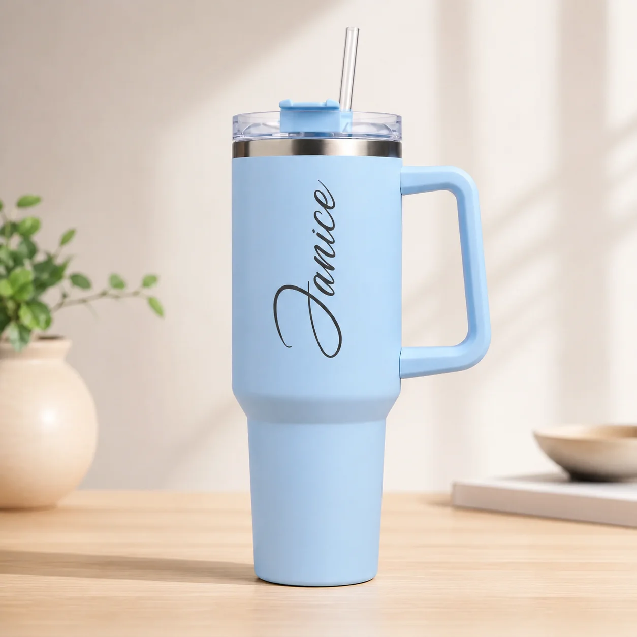 Custom name light blue sip tumbler with handle, straw and personalized design