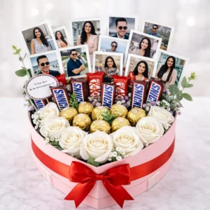 Memories of Love Heart Box with white roses, chocolates, Ferrero Rocher and personalized photos